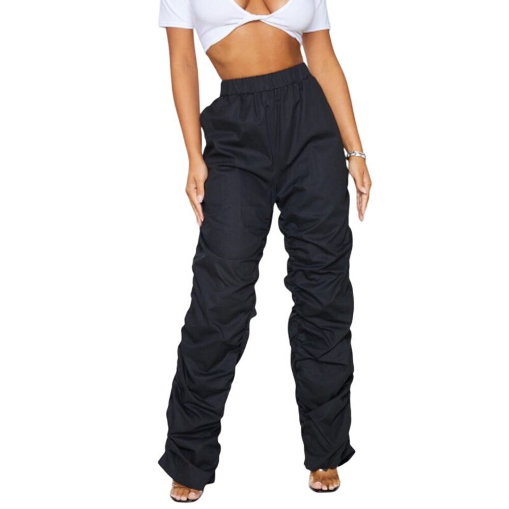 Pretty Little Thing Black Ruched High Waist Pants – Size 4